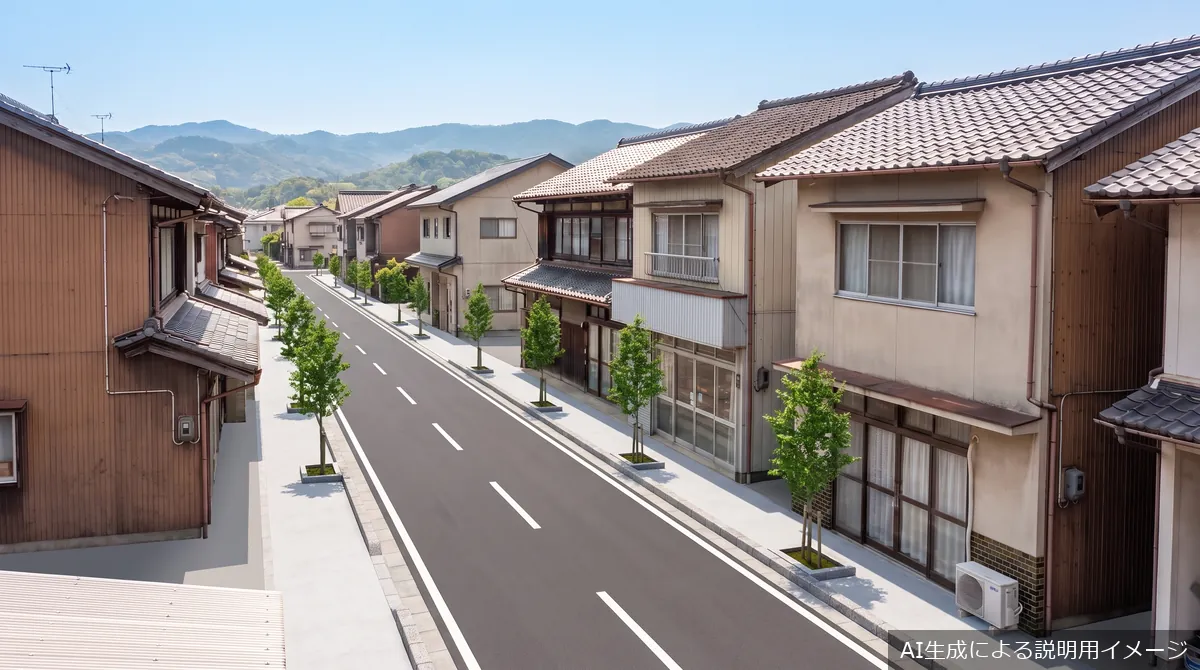 生成AIで作成した同じ道路の完成イメージ（拡幅・歩道・街路樹・無電柱化）